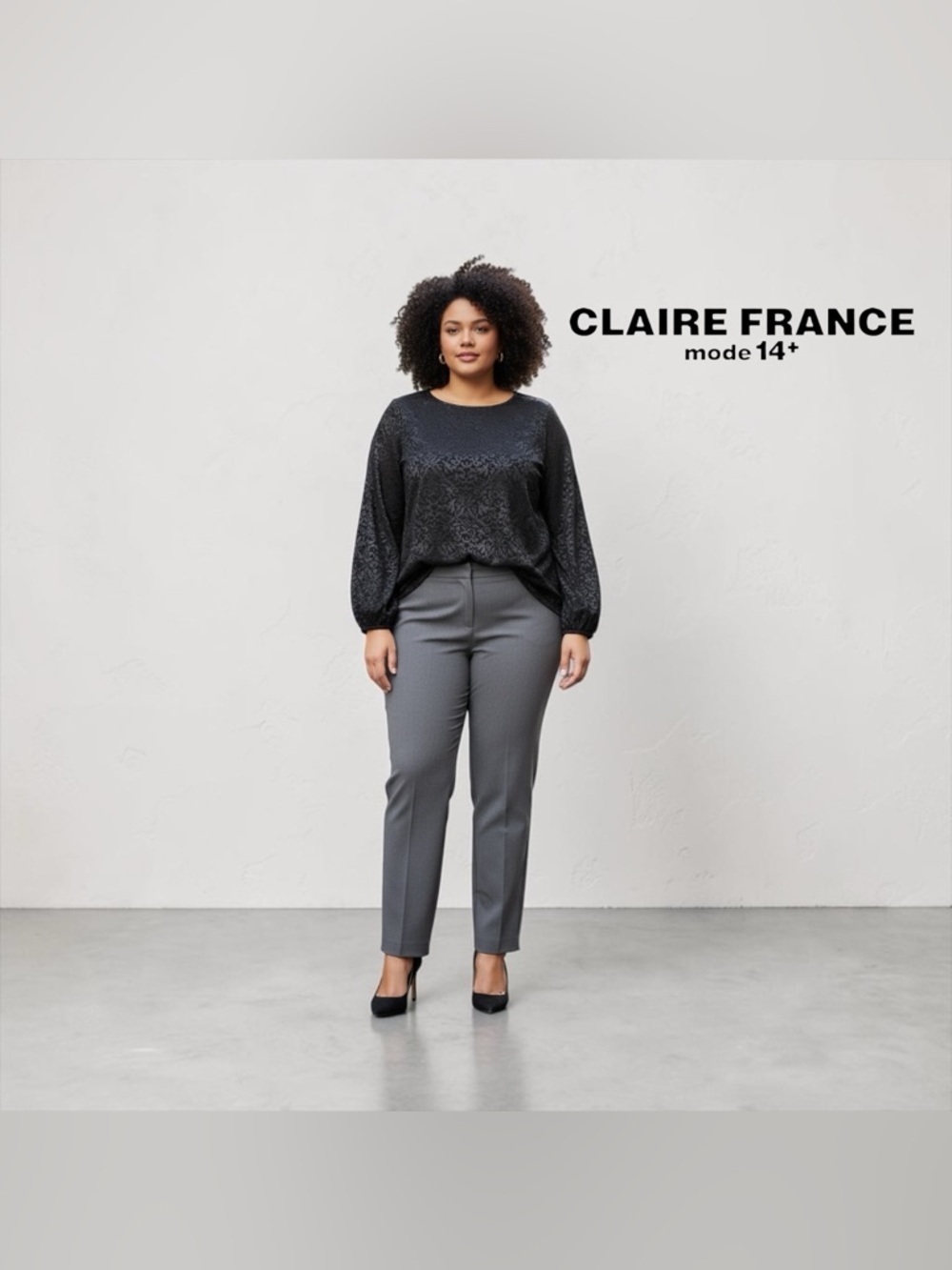 Claire France, Plus Size Black Flocked Floral Top 1X Bow Back + Camisole Set